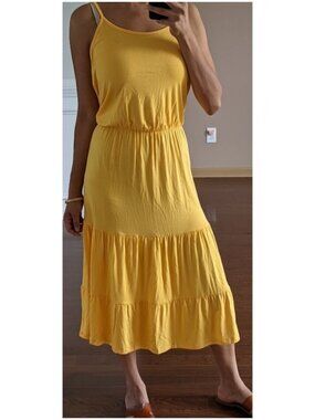 Beach Break Jersey Tiered Midi Sundress in Yellow Size Large